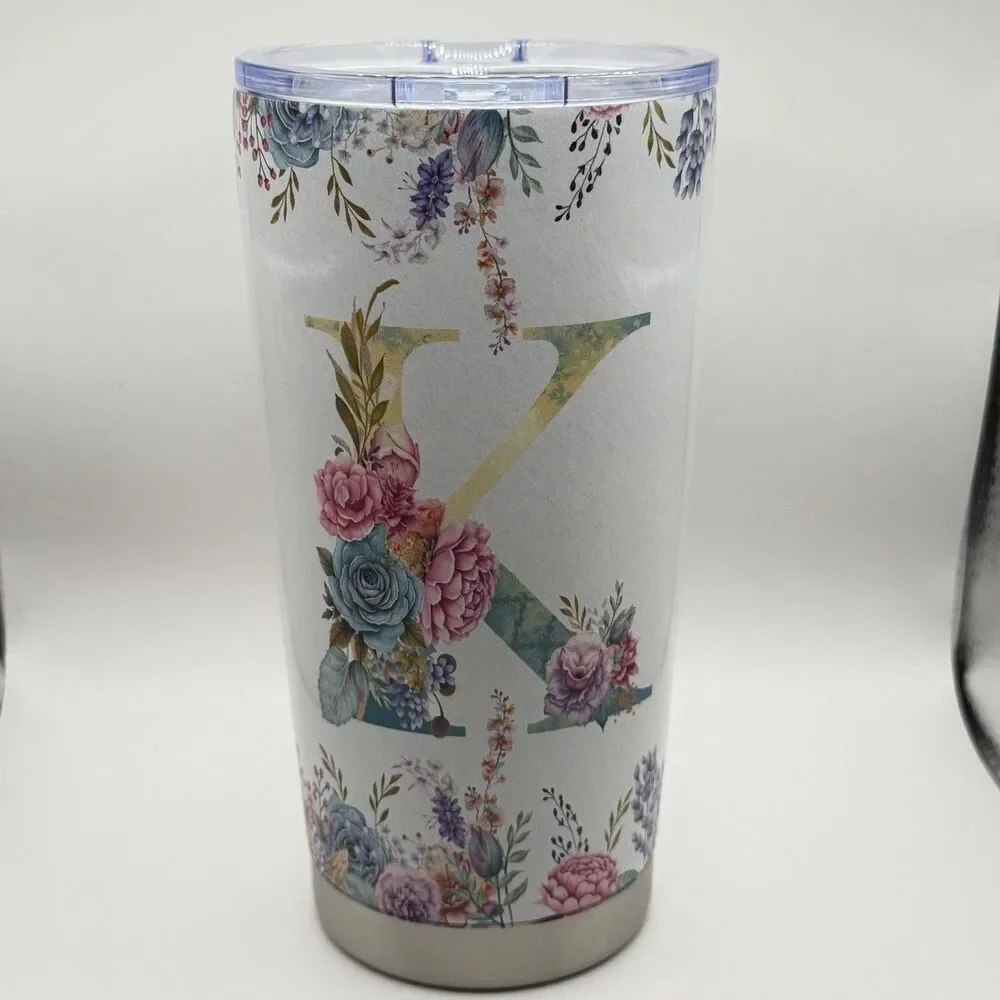 Floral Letter K 20oz Stainless Steel Insulated Tumbler Travel Cup w Lid